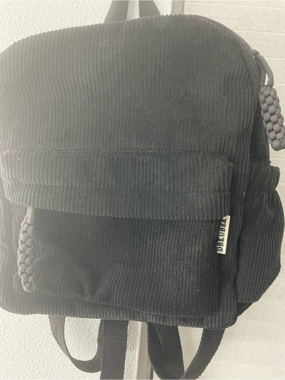 Black Corduroy Mini Backpack with Braided Zipper Pulls